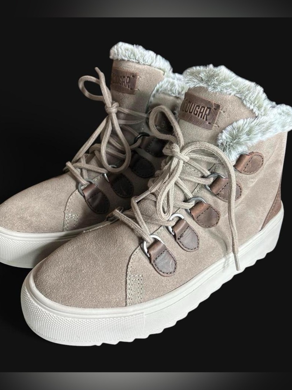 Cougar Waterproof Taupe Leather Suede Faux-Fur Lined Lace-Up Sneaker Boot